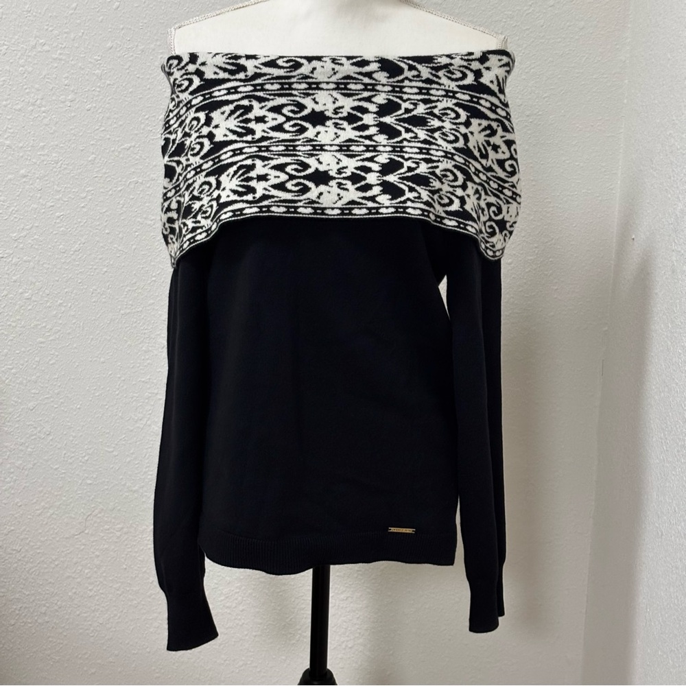 Anne Klein Off-the-Shoulder Black Knit Sweater Wide Geometric Collar Size XL